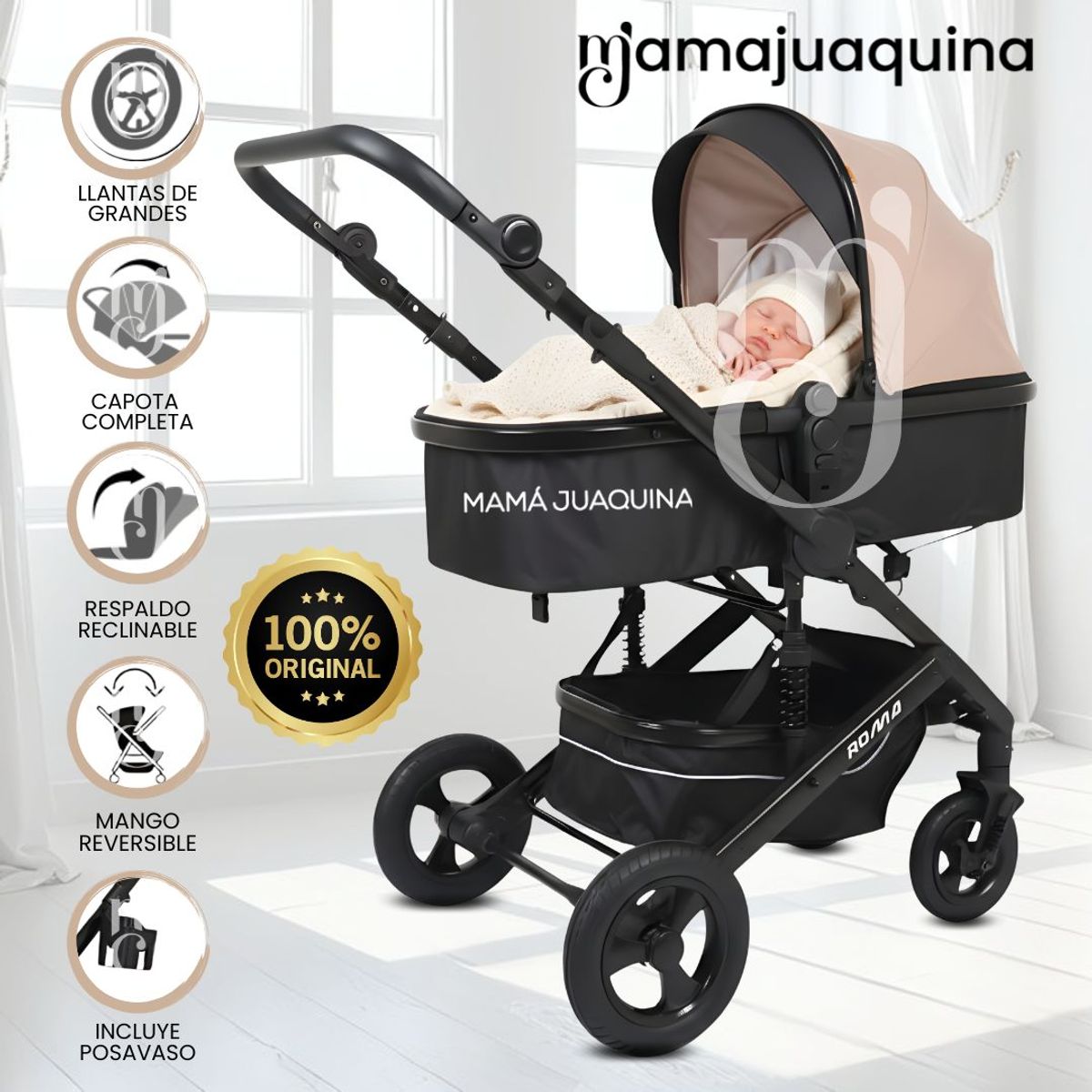 BABY - Coche Moisés Travel System «ROMA NEW» de Lujo Beige