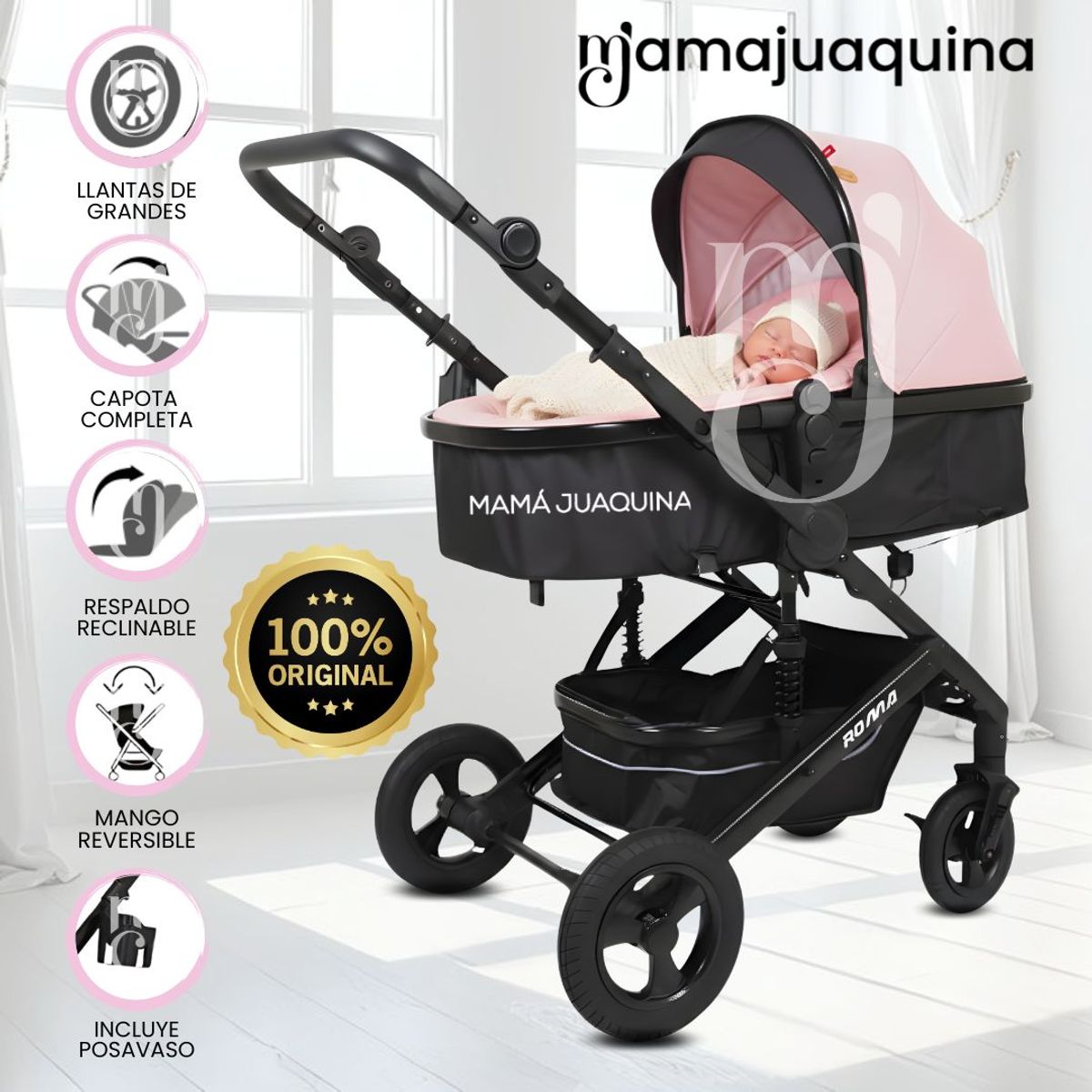 Baby - Coche Moisés Travel System «ROMA NEW» de Lujo Pink