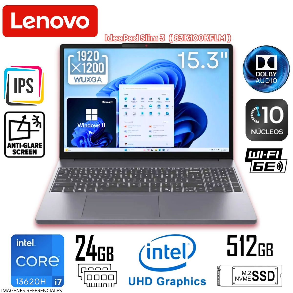 LENOVO - Laptop Lenovo IdeaPad Slim 3 Intel Core i7-13620H 24GB RAM 512GB SSD 15.3" WUXGA Touch - 83K100KFLM