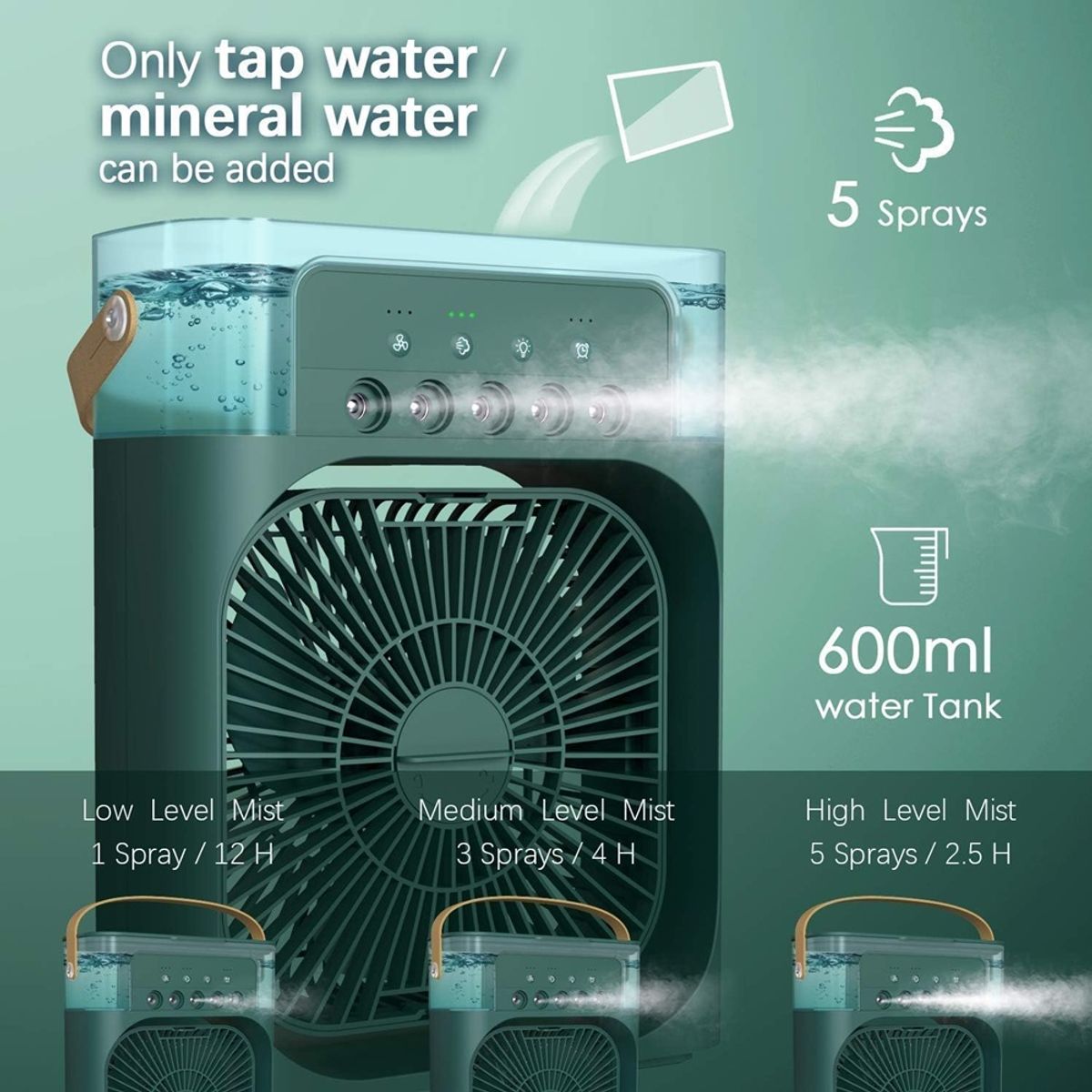 PREMIUM - Ventilador y Aire Acondicionado Portátil Humidificador 4 en 1 Verde