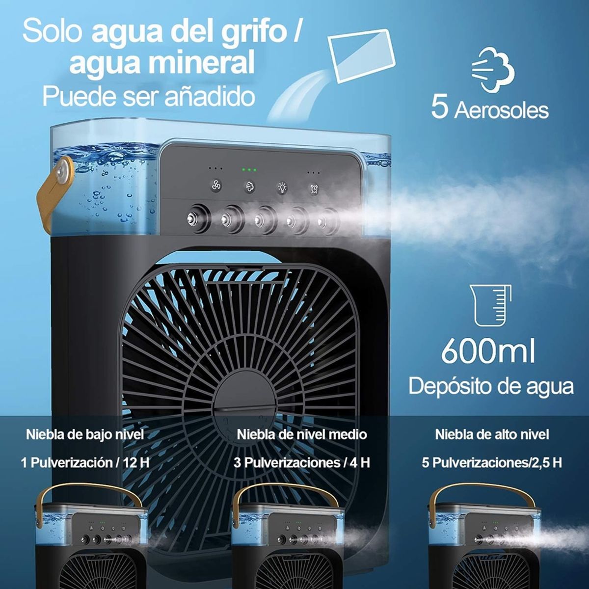 PREMIUM - Ventilador y Aire Acondicionado Portátil Humidificador 4 en 1 Negro