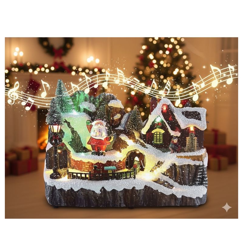 GENERICO - Villa Navideña Papa Noel y Tren Giratorios Animados Luz LED