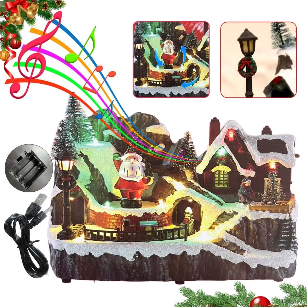 GENERICO - Villa Navideña Papa Noel y Tren Giratorios Animados Luz LED