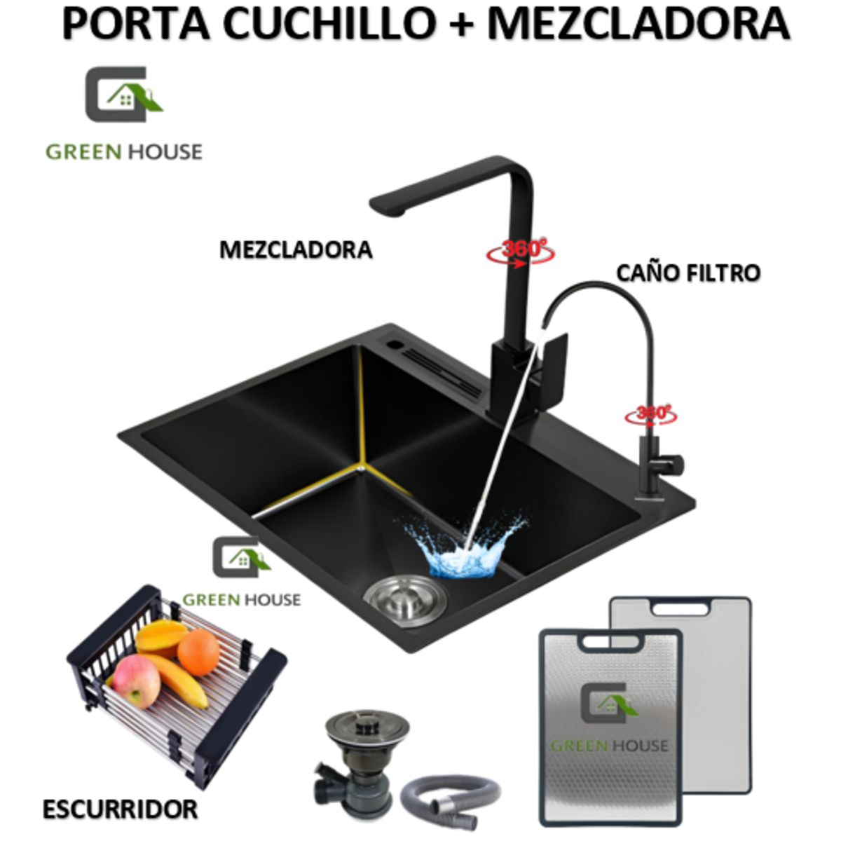 GREEN HOUSE - COMBO LAVADERO DE COCINA  60x45x23CM + MEZCLADORA GIRATORIA 360°