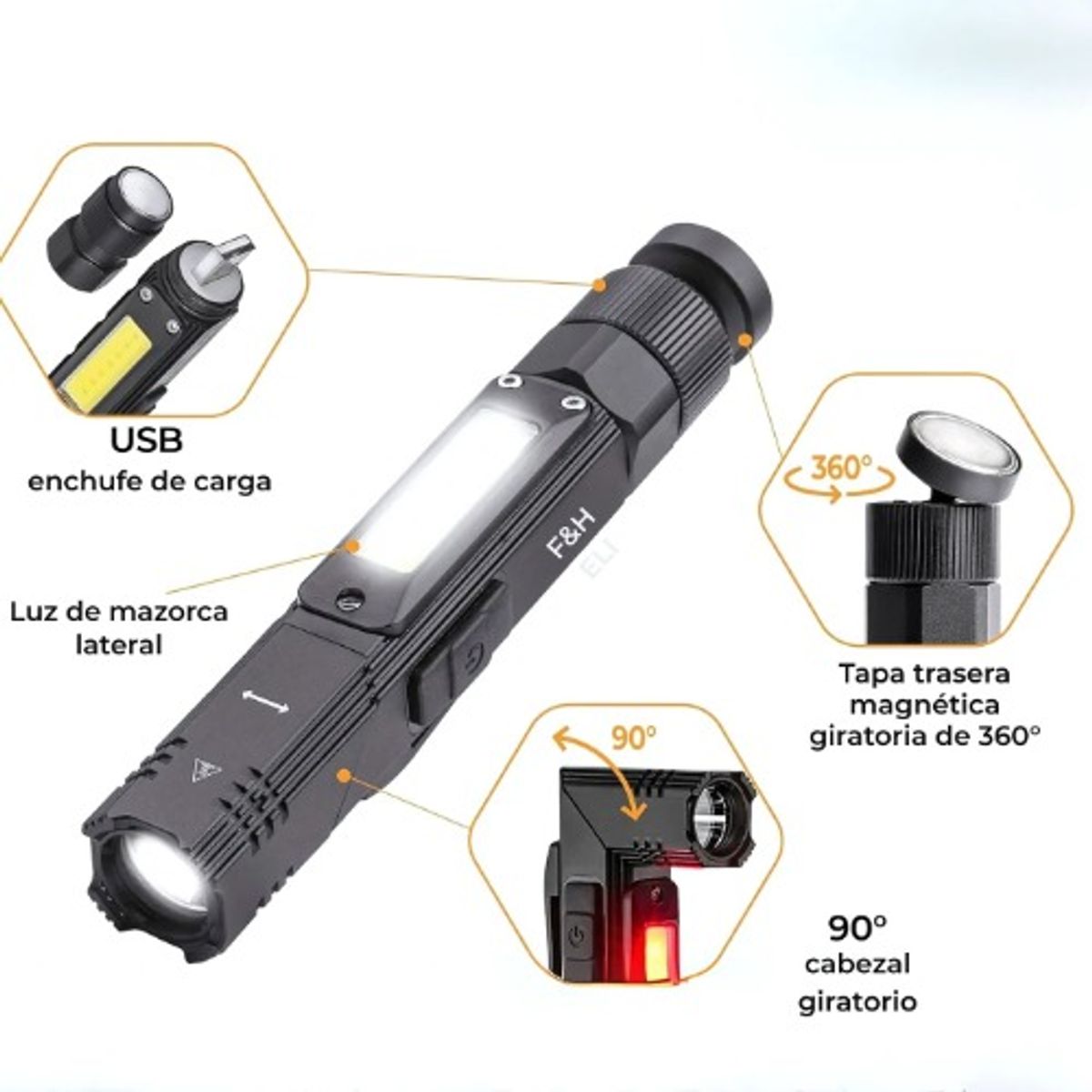 GENERICO - Linterna De Trabajo Recargable Usb Con Base Magnética Zsq-z1