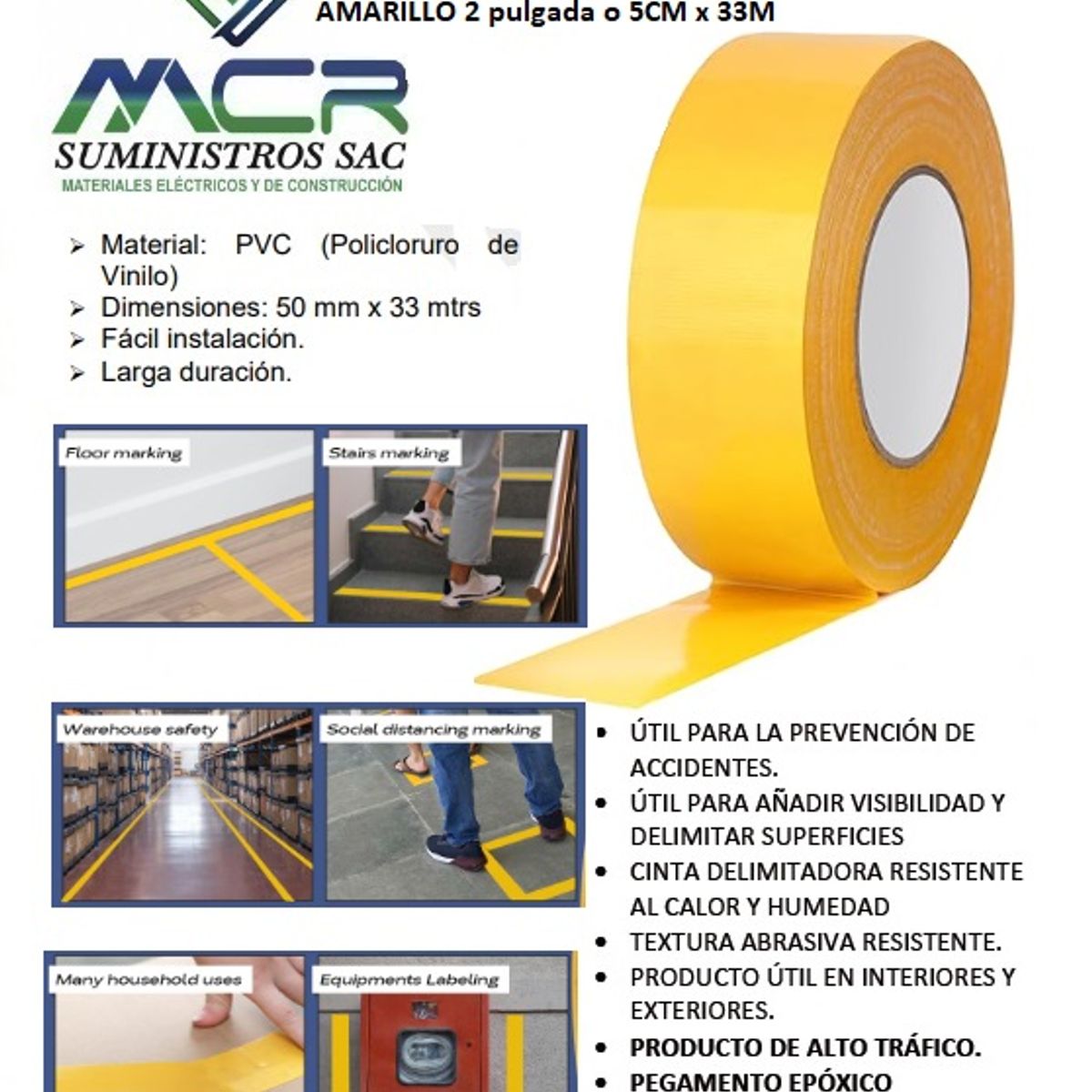 GENERICO - CINTA DELIMITADORA O SEÑALIZADORA DE PVC COLOR AMARILLO 2 pulgada o 5CM x 33M