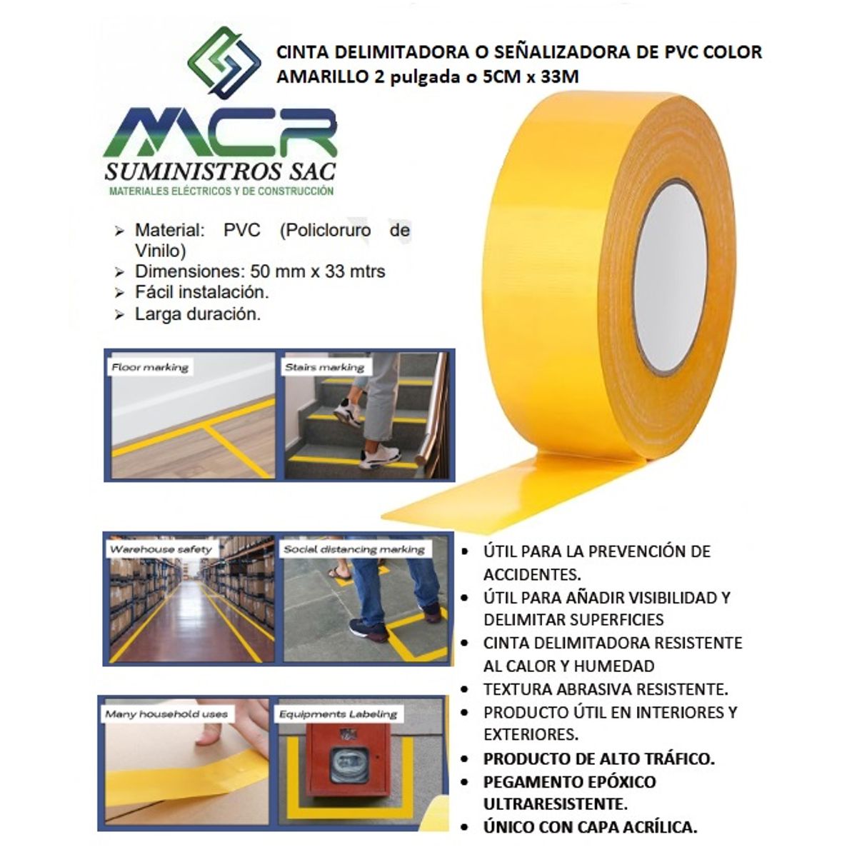 GENERICO - CINTA DELIMITADORA O SEÑALIZADORA DE PVC COLOR AMARILLO 2 pulgada o 5CM x 33M