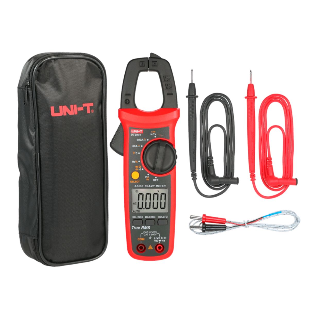UNI T - Pinza Amperimétrica Digital UT204+, 600 A AC/DC, True RMS, Temperatura Y LoZ, UNI-T