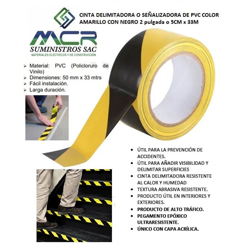 GENERICO - CINTA DELIMITADORA O SEÑALIZADORA PVC AMARILLO CON NEGRO 2 PULGADAS o 5cm x33m