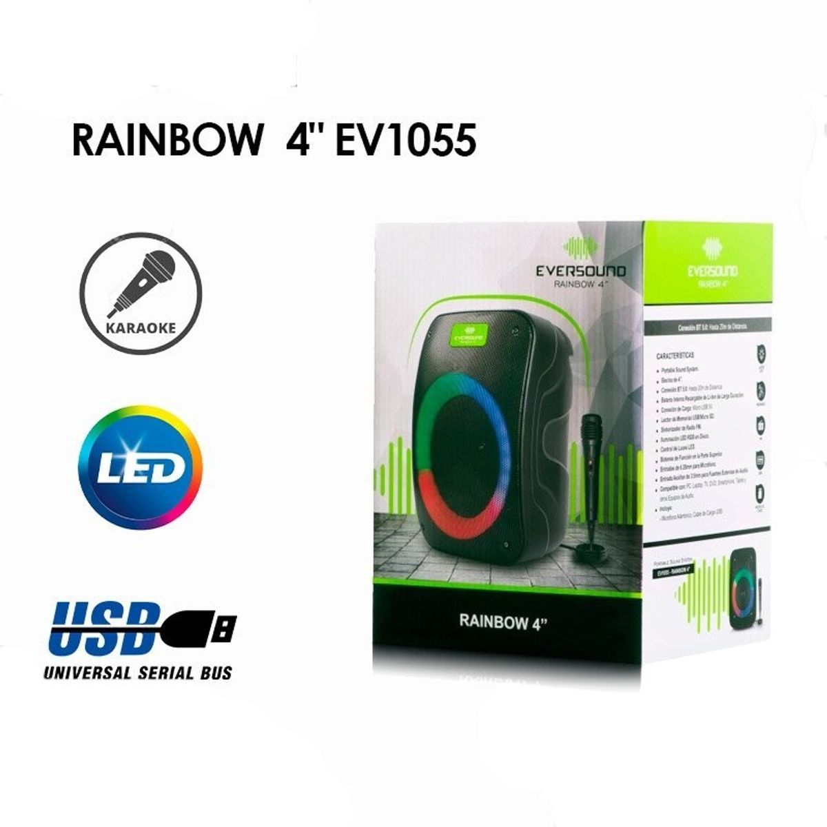 EVERSOUND - PARLANTE PORTATIL RAINBOW 4“ EV1055 FM USB SD BLUETOOTH