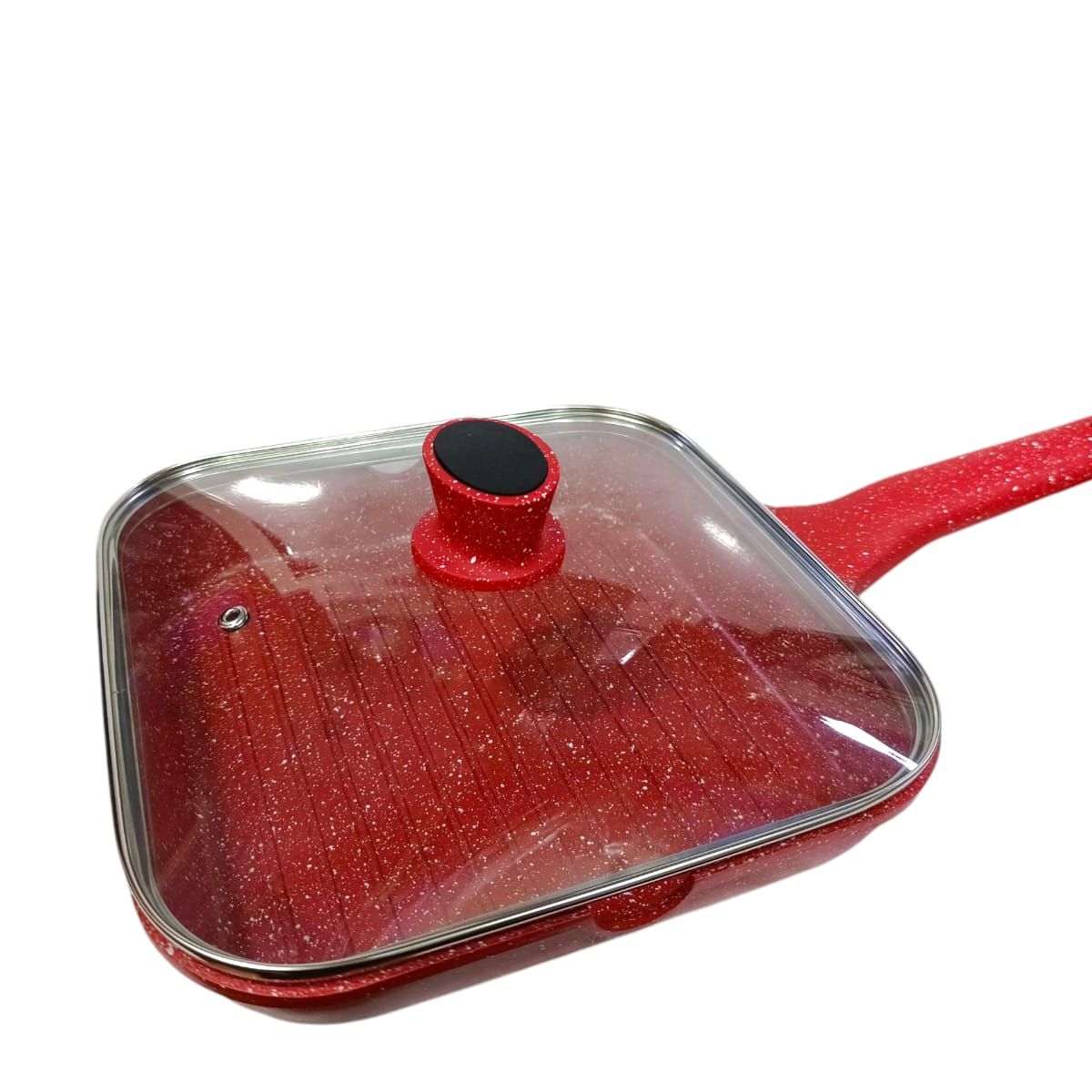 VALESKA - Sartén cuadrada 28 cm de roca volcánica roja con tapa de vidrio