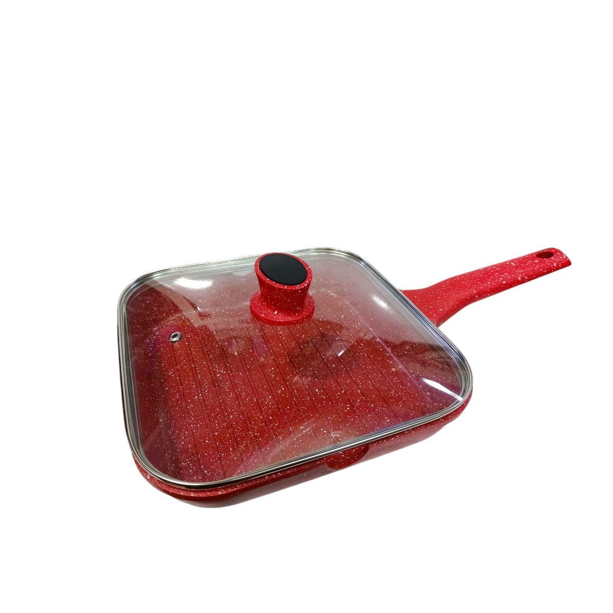 VALESKA - Sartén cuadrada 28 cm de roca volcánica roja con tapa de vidrio