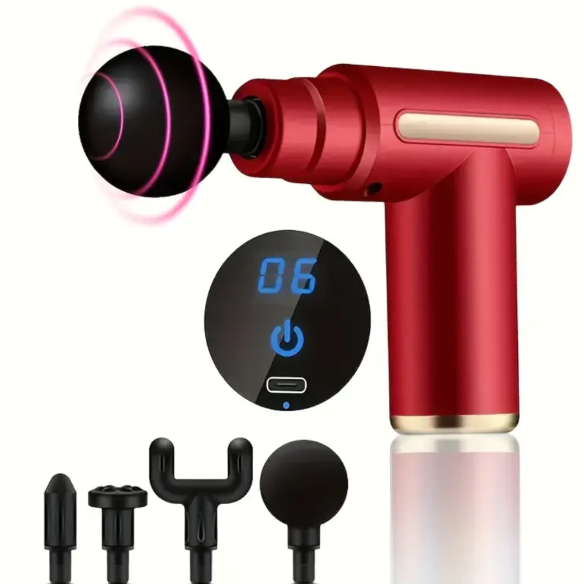 GENERICO - Pistola Masajeador Led Corporal y Fascial Con 4 Cabezas - Rojo