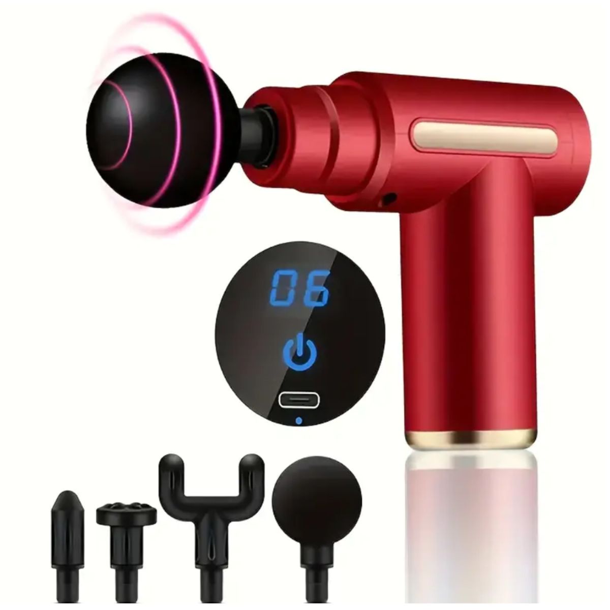 GENERICO - Pistola Masajeador Led Corporal y Fascial Con 4 Cabezas - Rojo