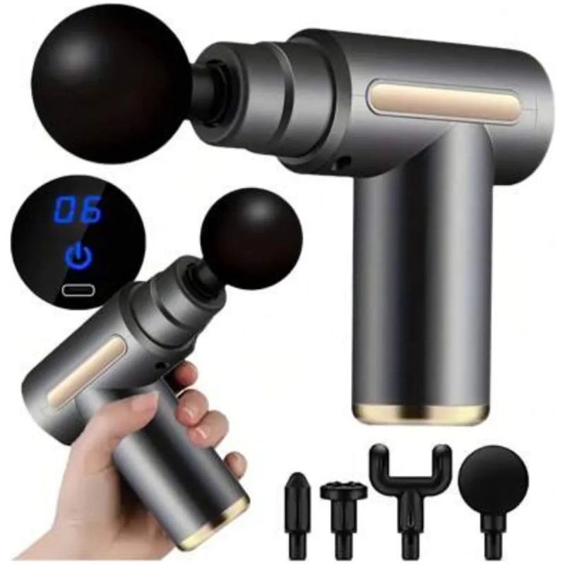 GENERICO - Pistola Masajeador Led Corporal y Fascial Con 4 Cabezas - Plomo