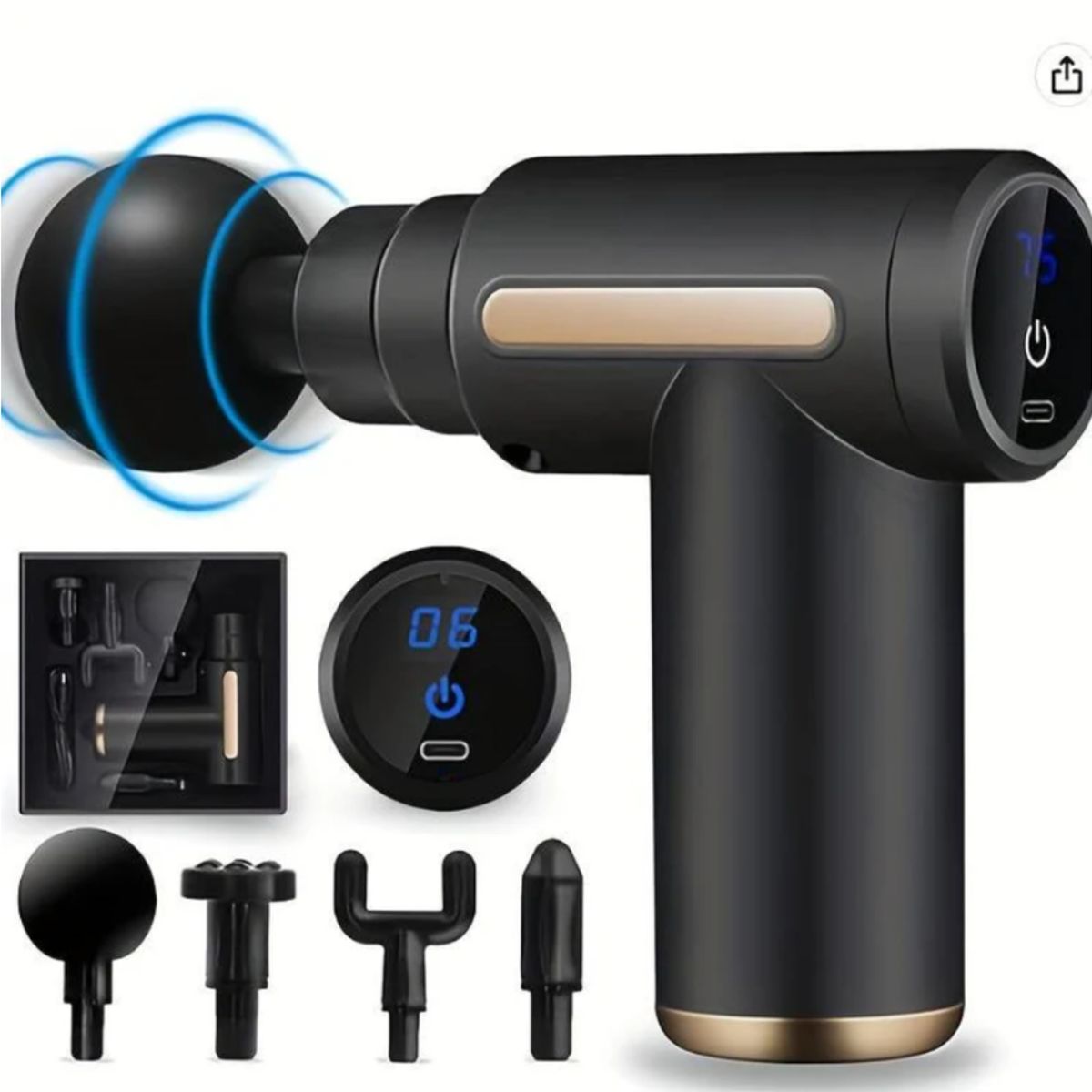 GENERICO - Pistola Masajeador Led Corporal y Fascial Con 4 Cabezas - Negro