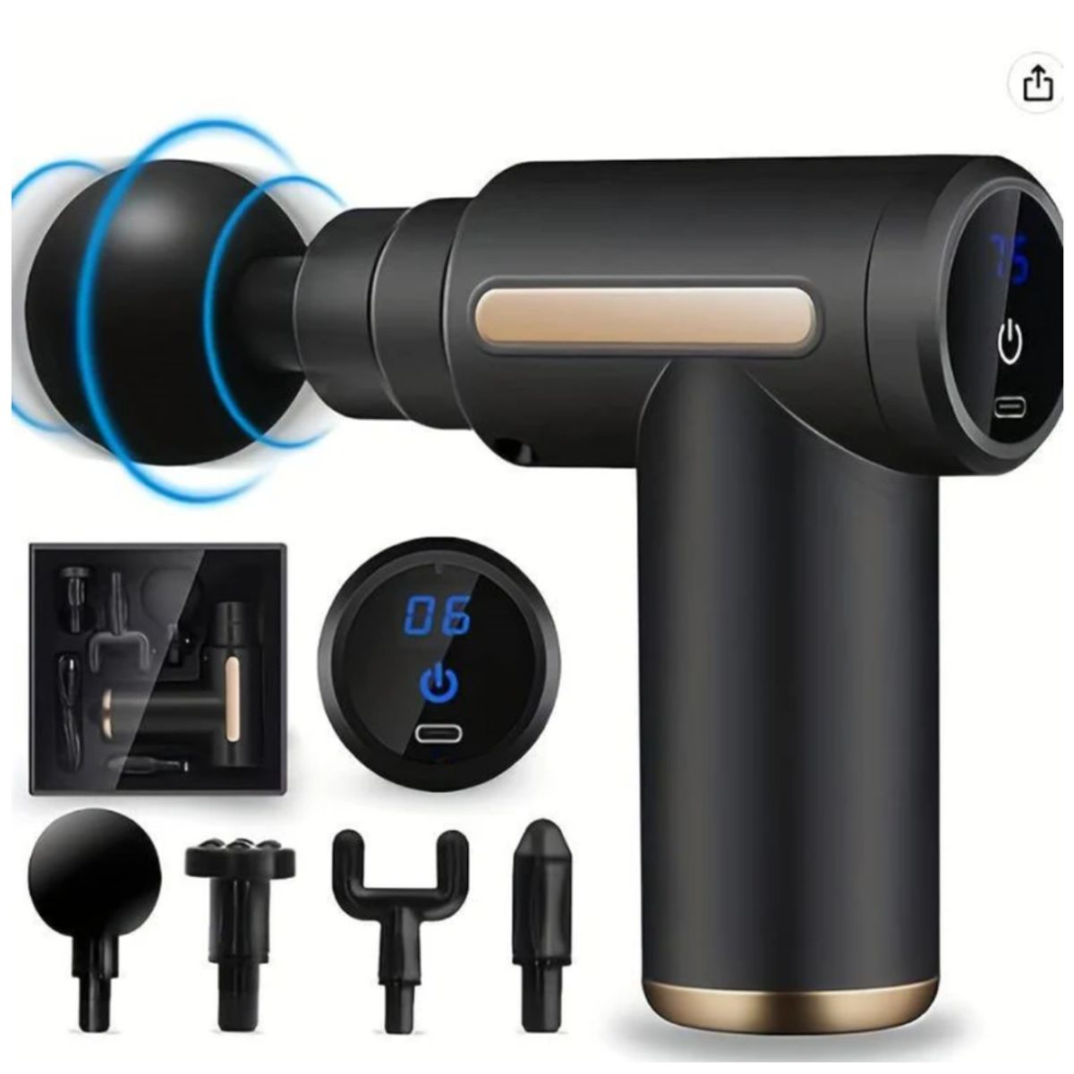 GENERICO - Pistola Masajeador Led Corporal y Fascial Con 4 Cabezas - Negro