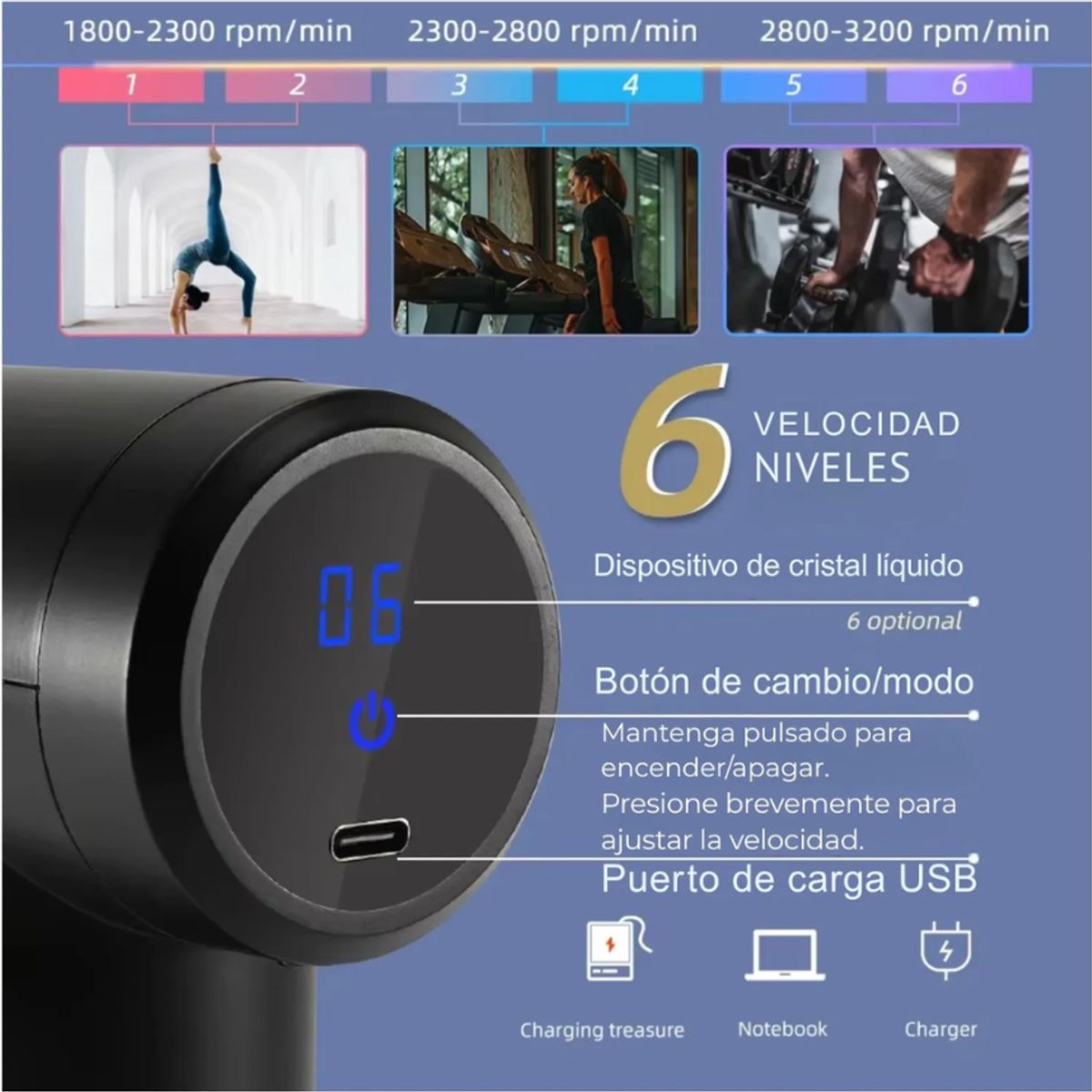 GENERICO - Pistola Masajeador Led Corporal y Fascial Con 4 Cabezas - Negro