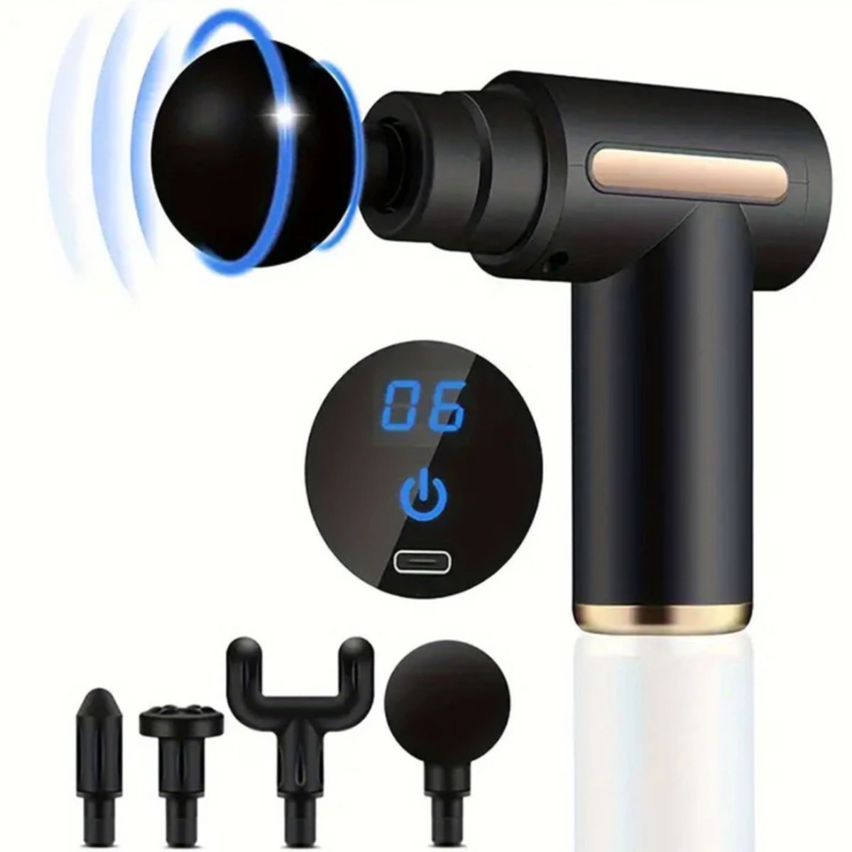 GENERICO - Pistola Masajeador Led Corporal y Fascial Con 4 Cabezas - Negro