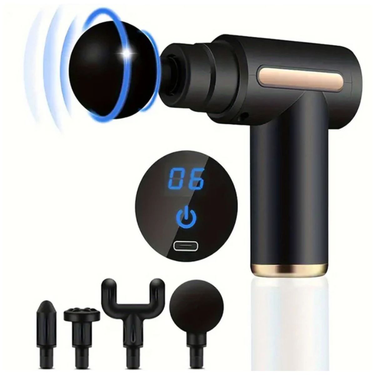 GENERICO - Pistola Masajeador Led Corporal y Fascial Con 4 Cabezas - Negro
