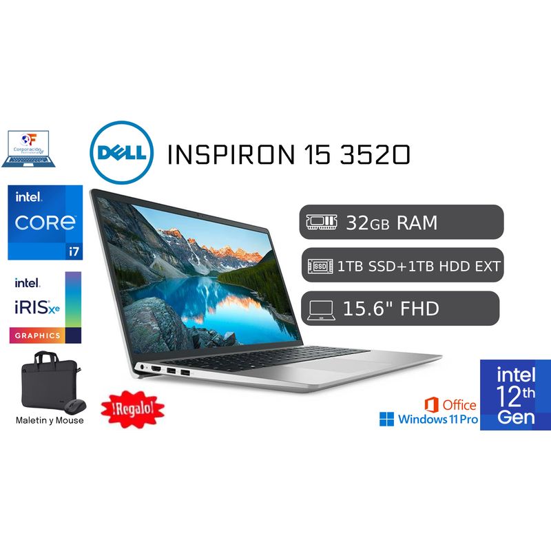 DELL - Laptop Nueva Dell 15 3520 Intel Core i7 12va 32GB RAM 1TB SSD + 1TB HDD EXTERNO + MOUSE + MALETIN