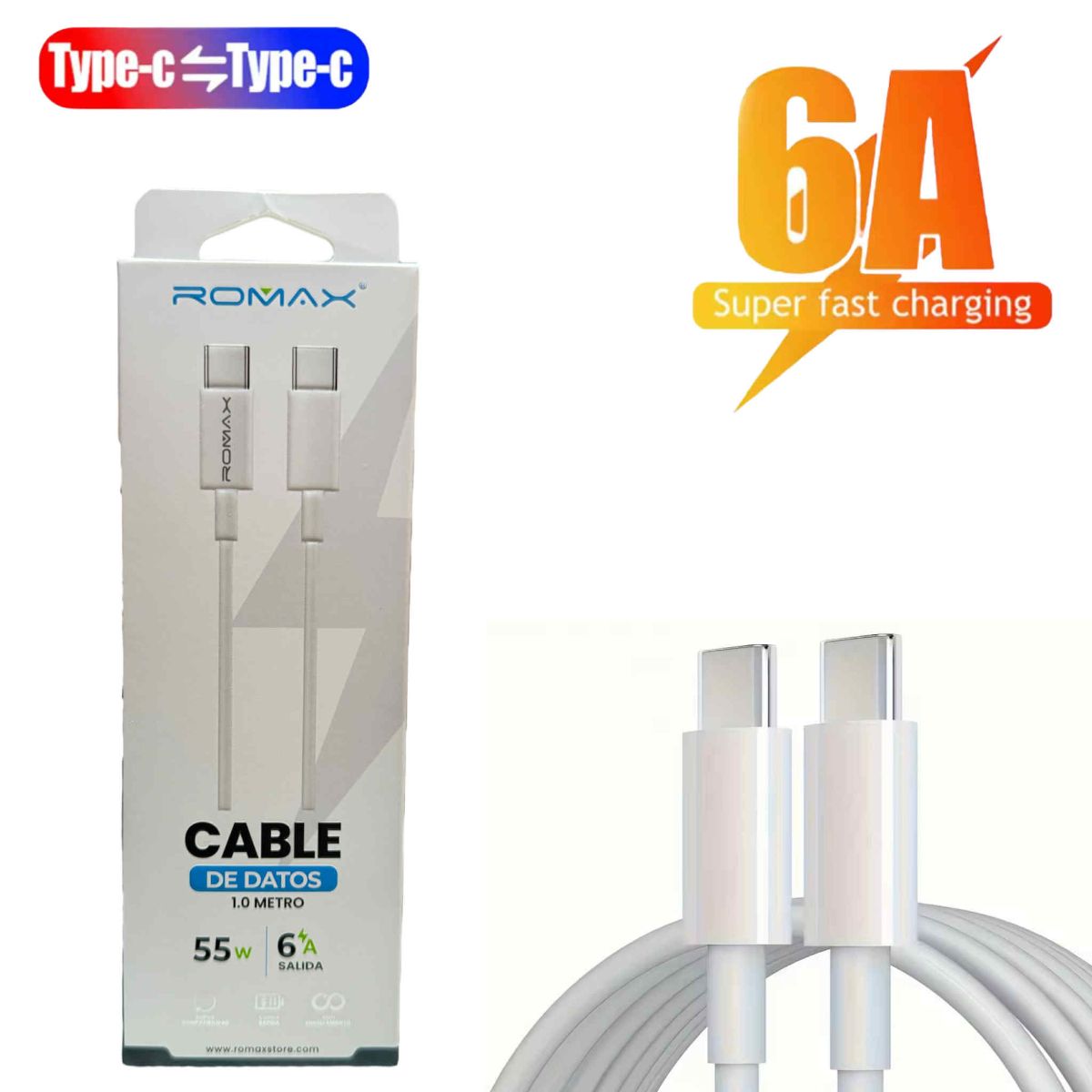 ROMAX - Cable Tipo C a C 6A Carga Rapida Romax