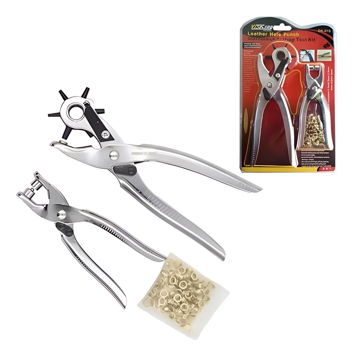 GENERICO - Kit Alicate Sacabocado + Pinza Ojilladora + Bolsita de Ojales