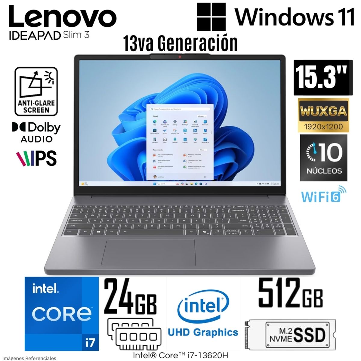 LENOVO - Laptop Lenovo IdeaPad Slim 3 Intel Core i7-13620H 24GB RAM 512GB SSD 15.3"  WUXGA IPS - 83K100KFLM