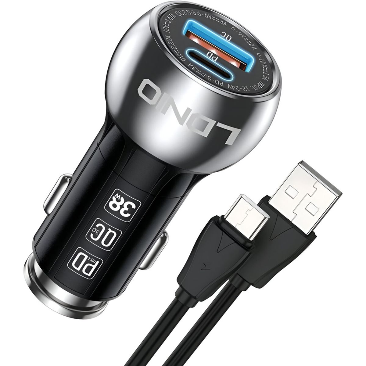 LDNIO - Cargador Auto 38w Ldnio C1 Metal Carga Rápida Tipo C y USB + Cable USB