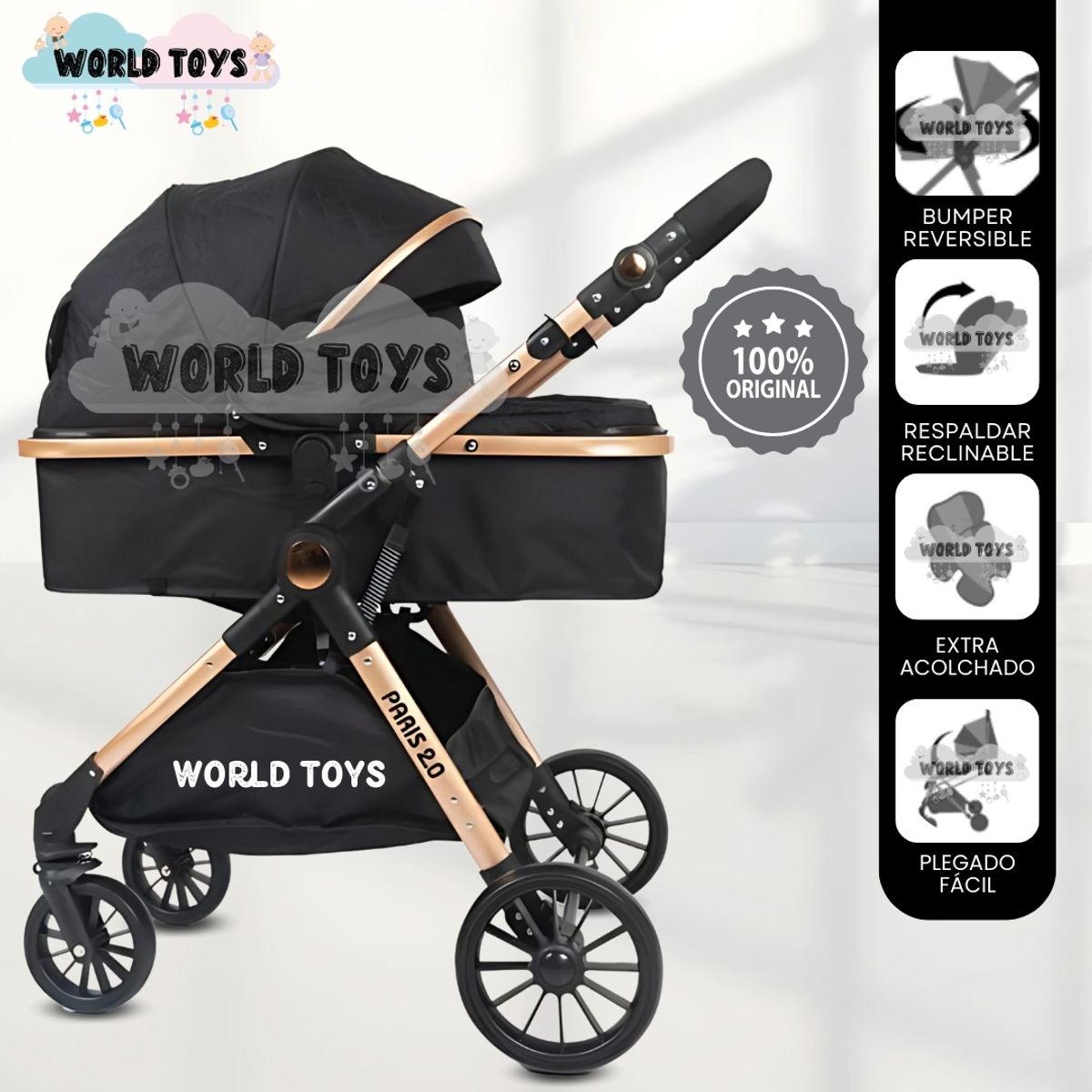 EBABY - Coche Moisés Travel System «PARIS NEW» de Lujo Black