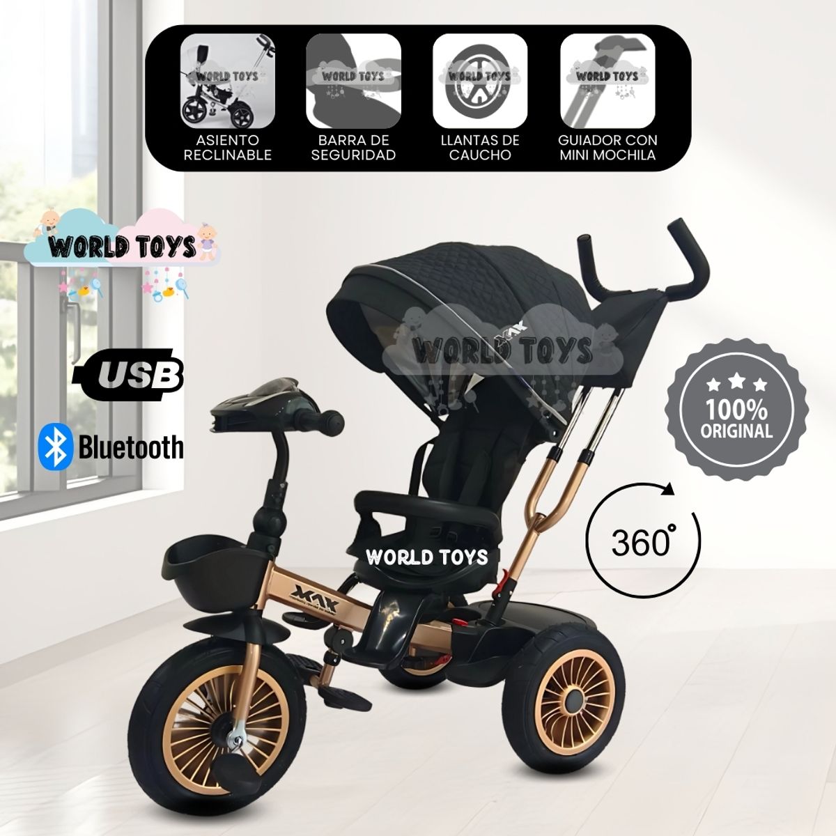 KIDS - Triciclo Guiador GIratorio «MAXI» con Bluetooth Black