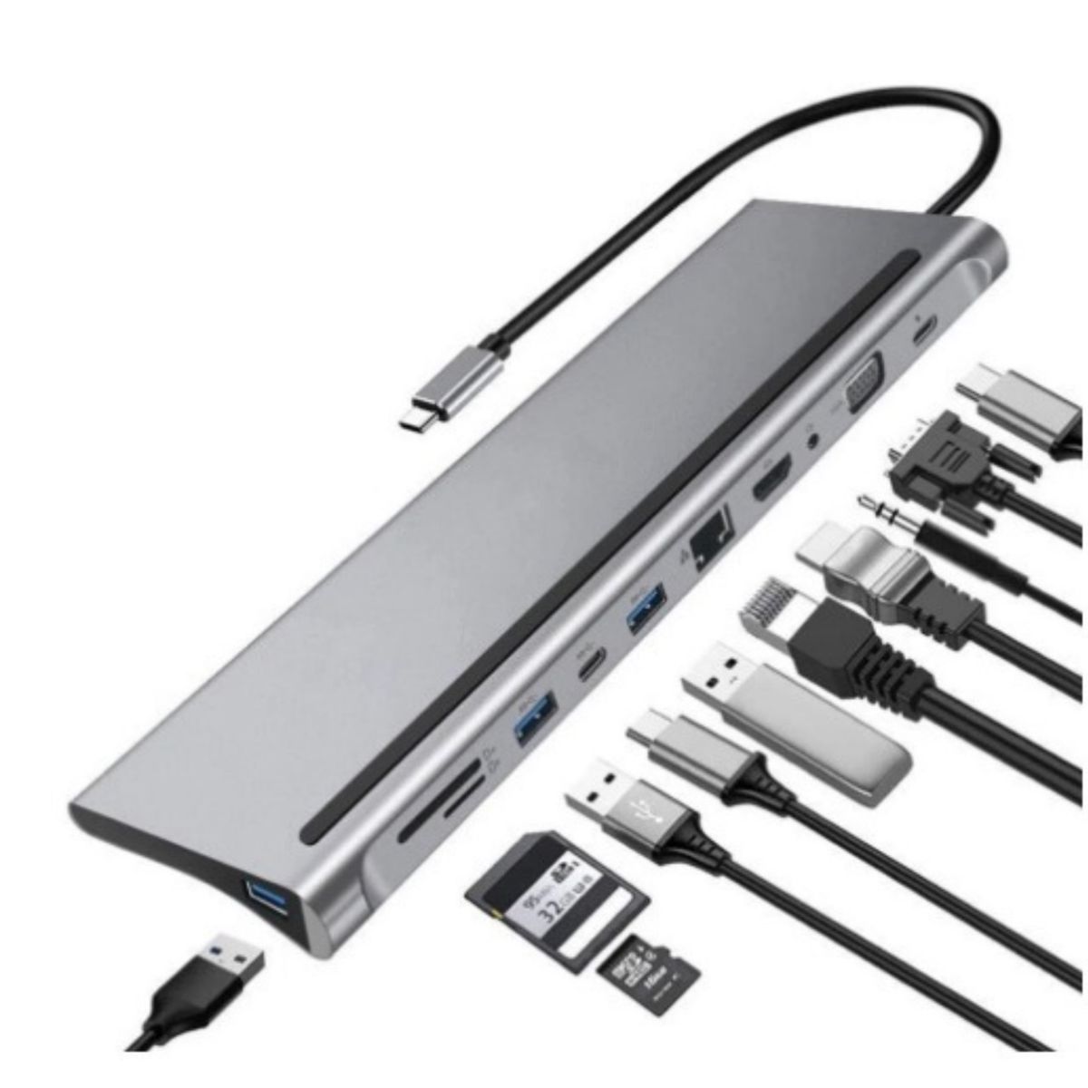 GENERICO - Adaptador Hub 3.1 Tipo C 11 En 1 Hdmi Vga Rj45 Sd Usb Auxiliar