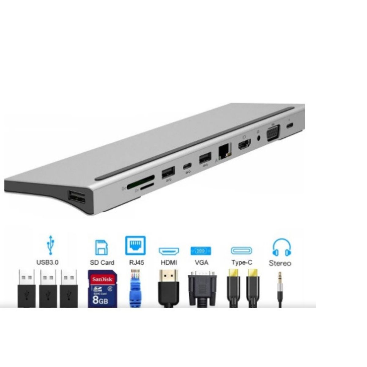 GENERICO - Adaptador Hub 3.1 Tipo C 11 En 1 Hdmi Vga Rj45 Sd Usb Auxiliar