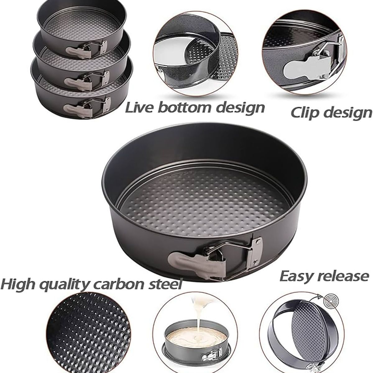 GENERICO - SET 3 MOLDES DESMONTABLES PARA KEKE TORTAS Y PASTELES ANTIADHERENTE