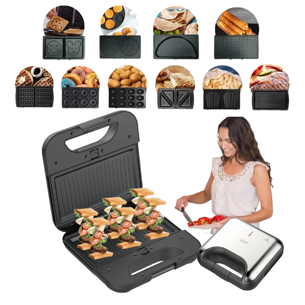 RAFF - Wafflera Sandwichera Donut Parrila 10 en 1 Antiadherente