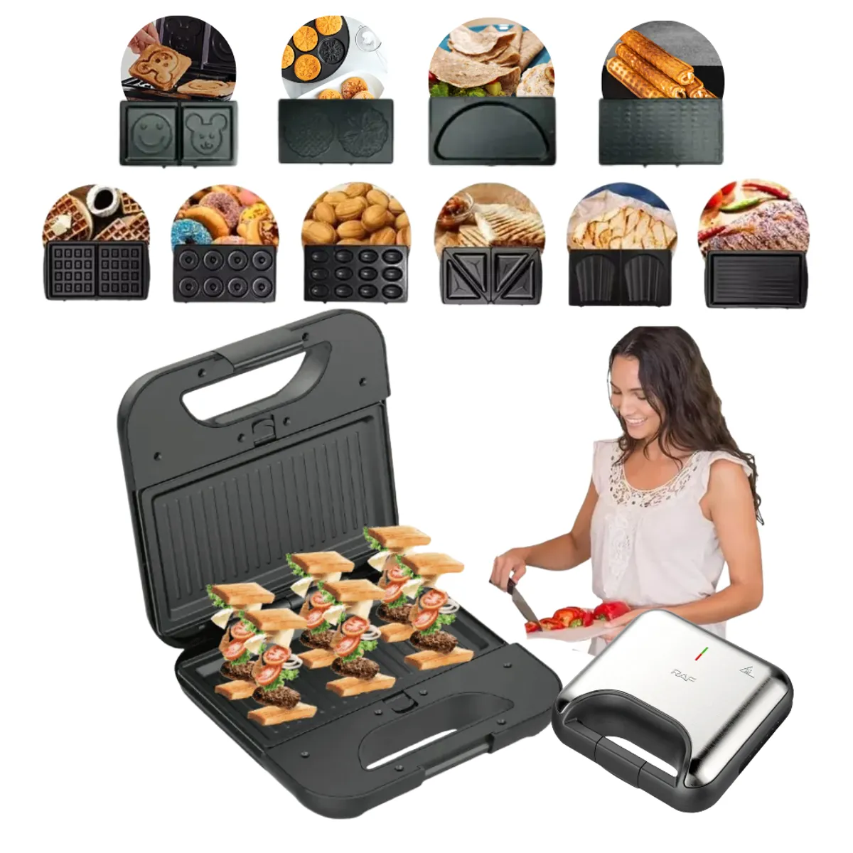 RAFF - Wafflera Sandwichera Donut Parrila 10 en 1 Antiadherente