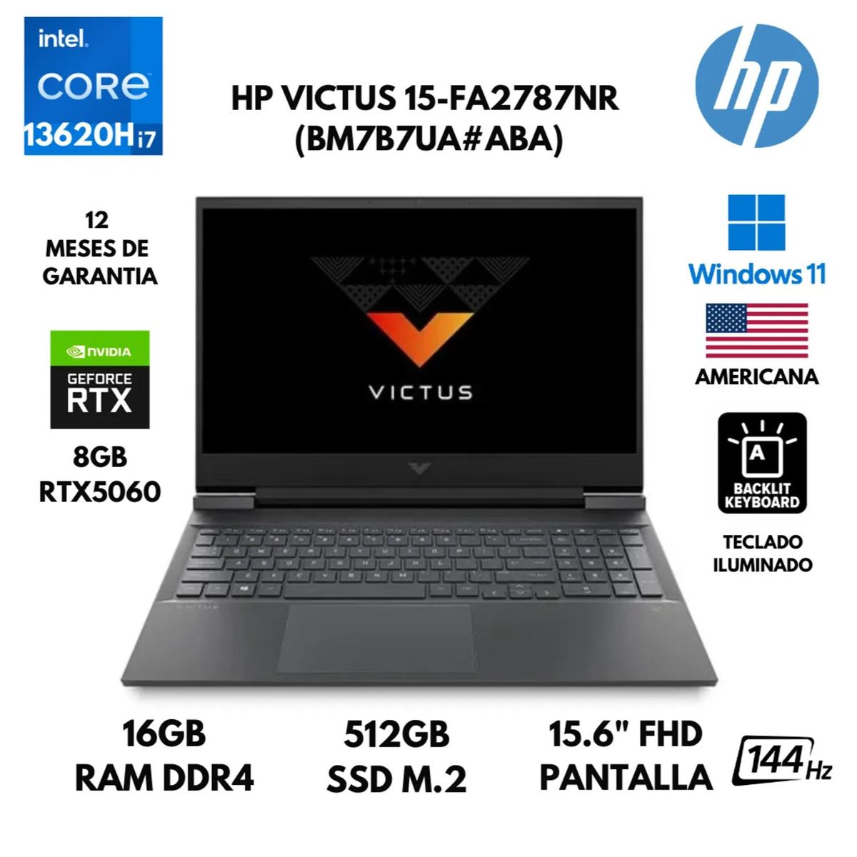 HP - Laptop HP Victus 16GB 512GB SSD 15.6 FHD Intel Core I7-13620H RTX 5060-8GB W11 home 15-FA2787NR