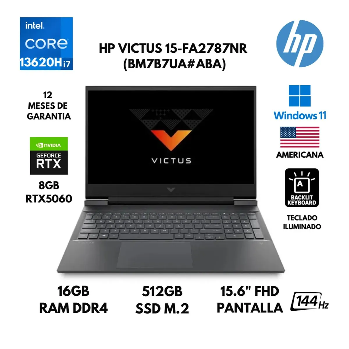 HP - Laptop HP Victus 16GB 512GB SSD 15.6 FHD Intel Core I7-13620H RTX 5060-8GB W11 home 15-FA2787NR