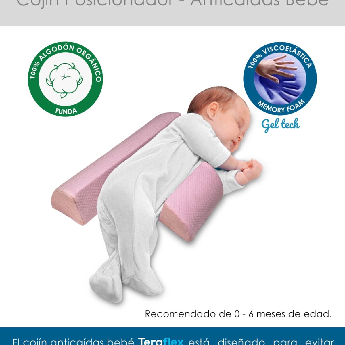 TERAFLEX - COJIN ANTICAÍDAS POSICINADOR BEBE MEMORY FOAM GEL ROSADO 42x42x11 CM