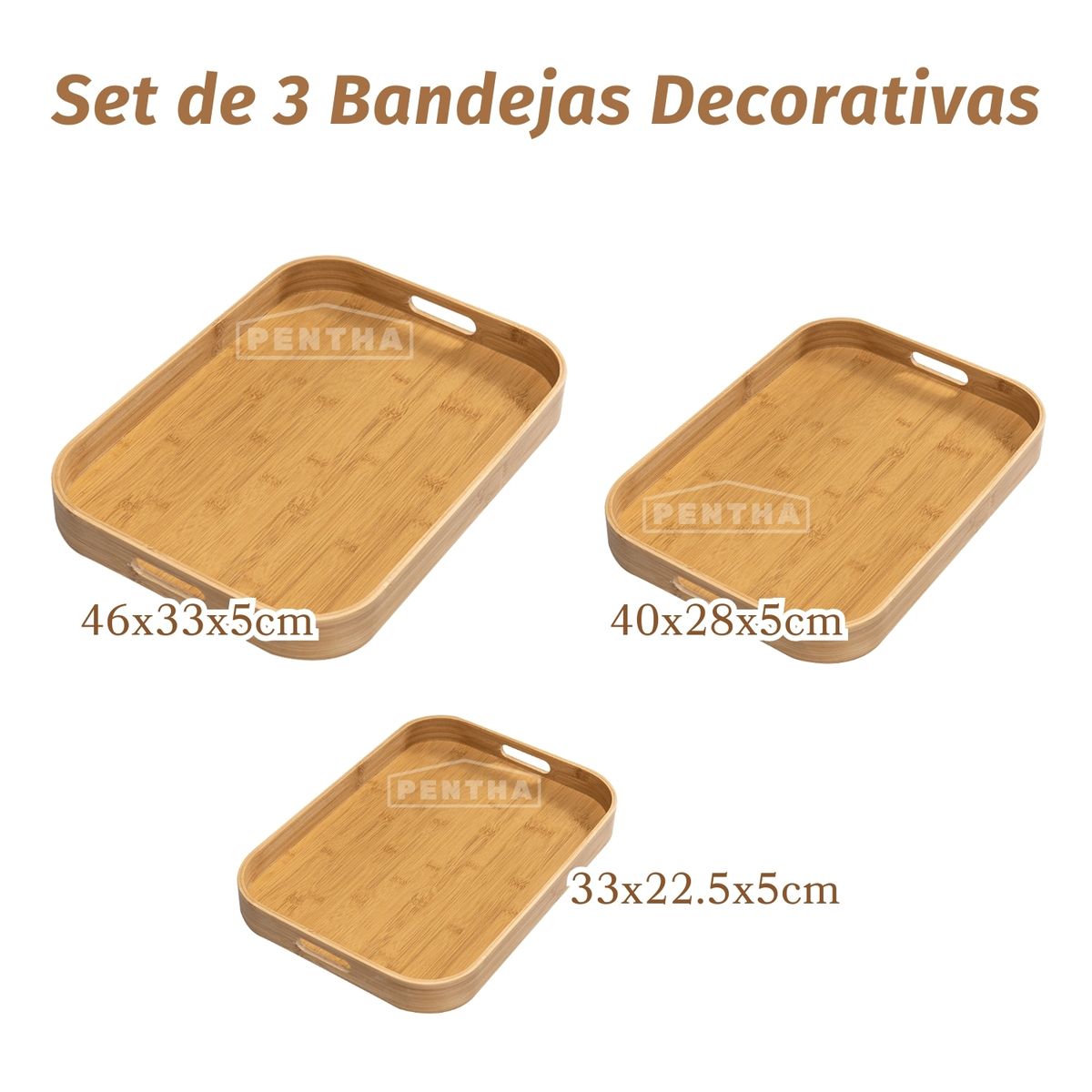 PENTHA - Set 3 Bandejas Bambú con Agarraderas Elegantes