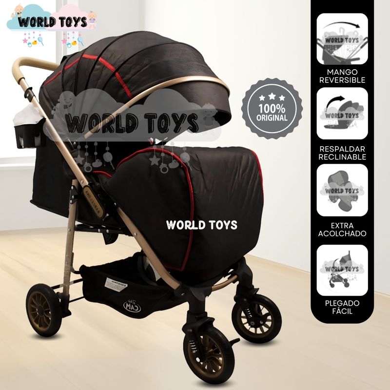 BAMBINO - Coche Cuna de Lujo «BARCE NEW» Mango Reversible Black