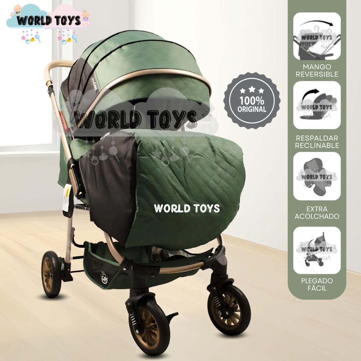 BABY - Coche Cuna de Lujo «BARCE NEW» Mango Reversible Green