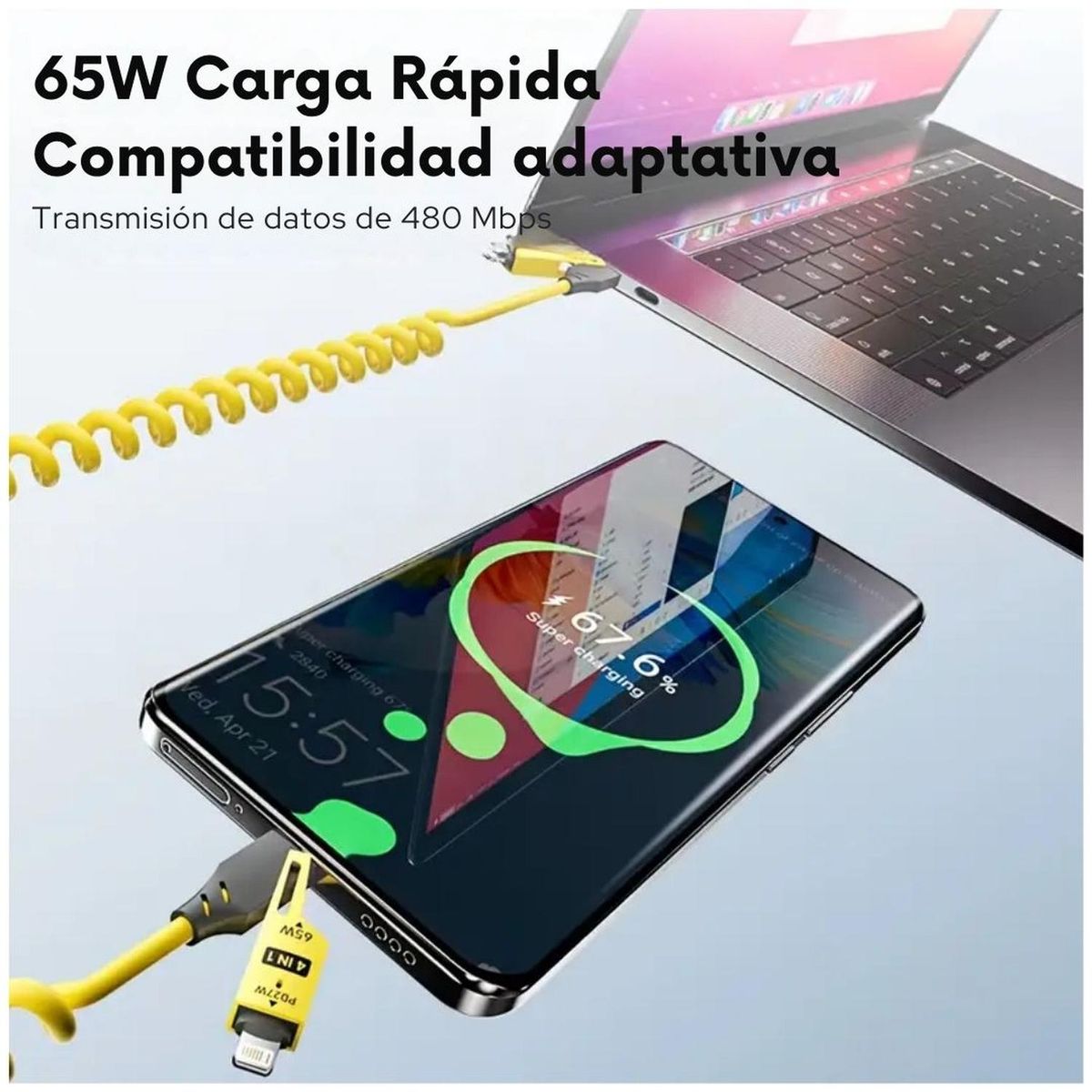 GENERICO - Cable Carga Rápida y Datos 65W 4 en 1 USB Tipo C Lightning Rosa