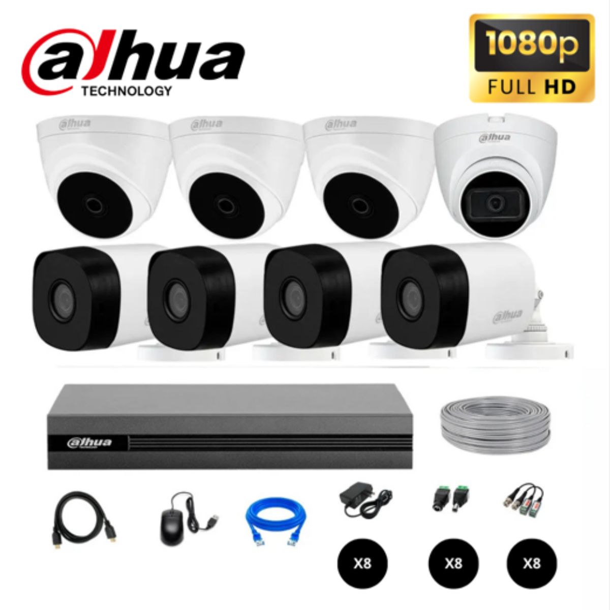 DAHUA - KIT DE 8 CAMARAS DE SEGURIDAD FULL HD 1080P DAHUA KIT 8 + CABLE