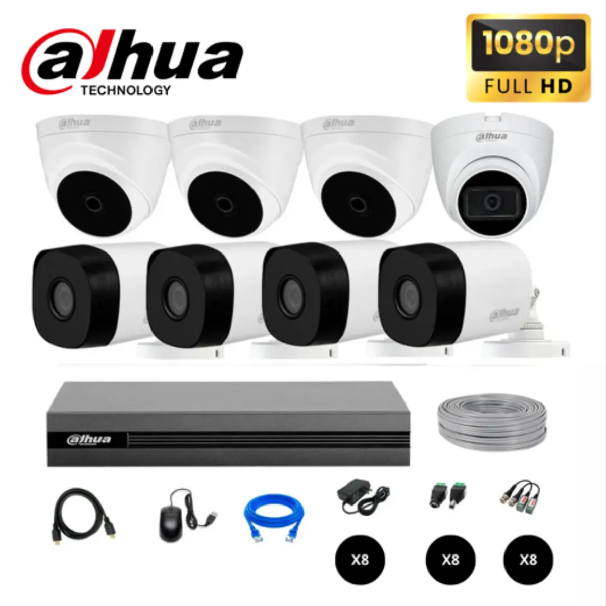 DAHUA - KIT DE 8 CAMARAS DE SEGURIDAD FULL HD 1080P DAHUA KIT 8 + CABLE