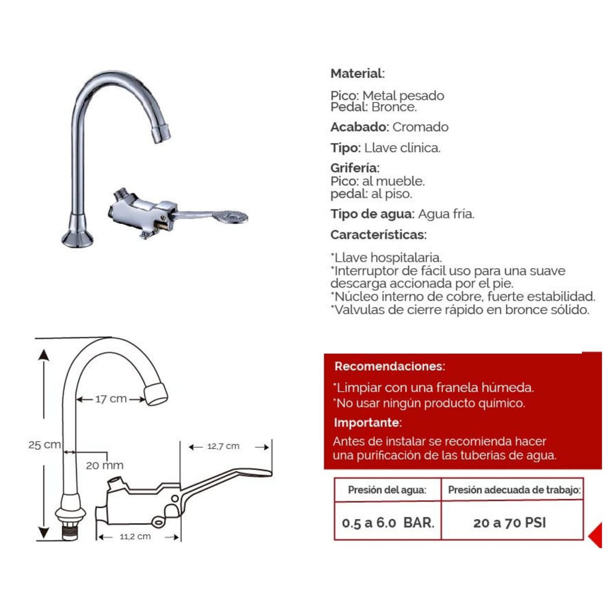 GENERICO - LLAVE DE HOSPITAL CON PEDAL METAL CROMADO
