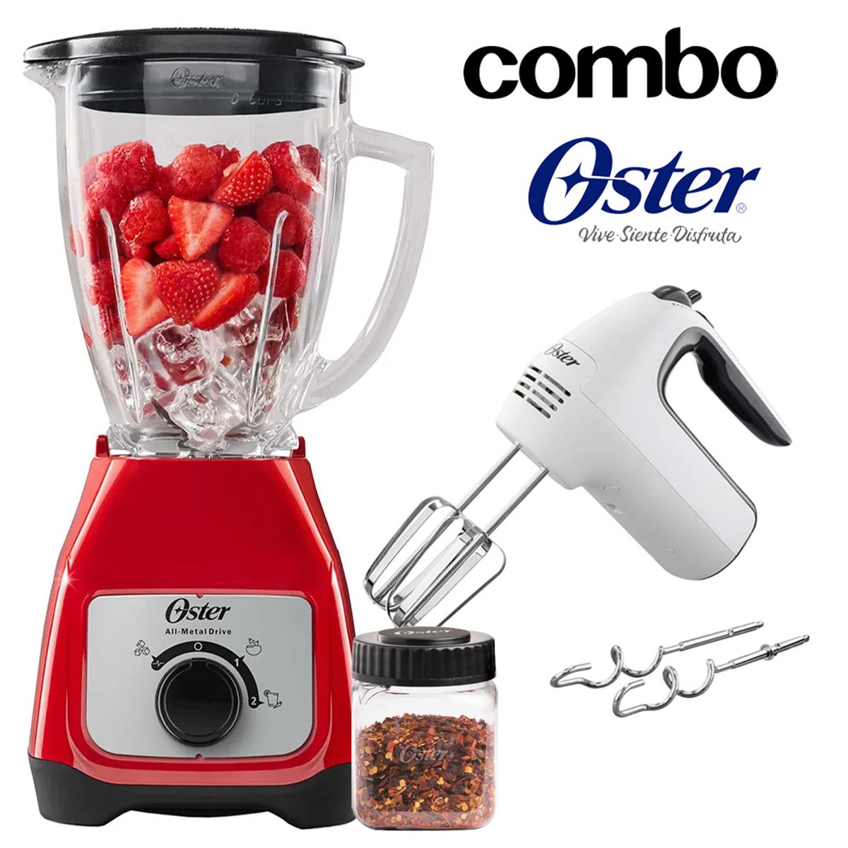 OSTER - Licuadora Oster con Vaso de Vidrio BLSTKAGRRD + Batidora de Mano