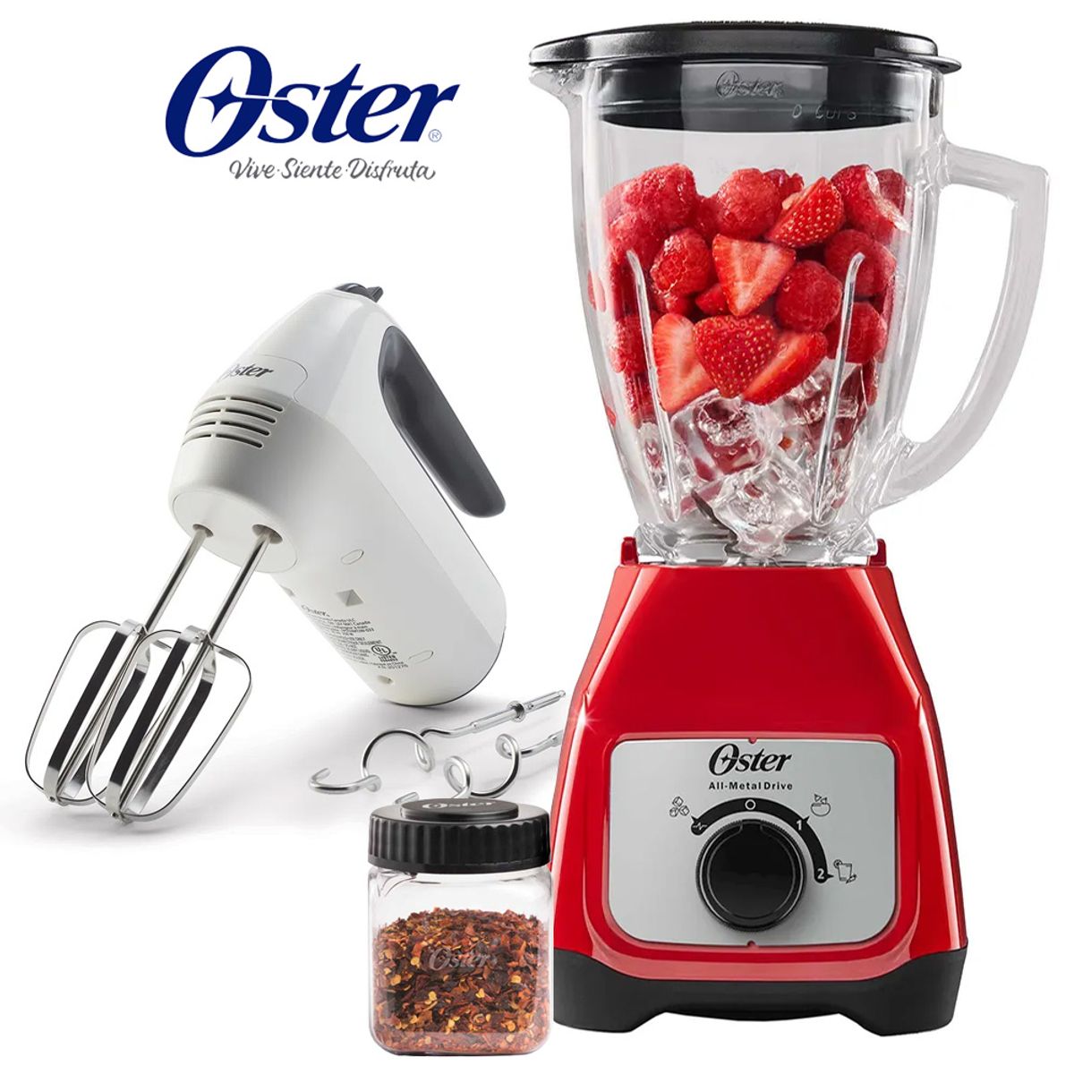 OSTER - Licuadora Oster con Vaso de Vidrio BLSTKAGRRD + Batidora de Mano
