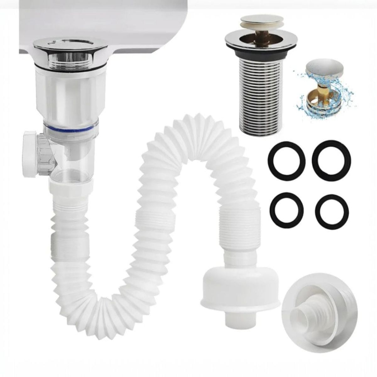 APACHE - Kit de Desagüe Push Flexible 1-14 para lavabo de Baño Blanco