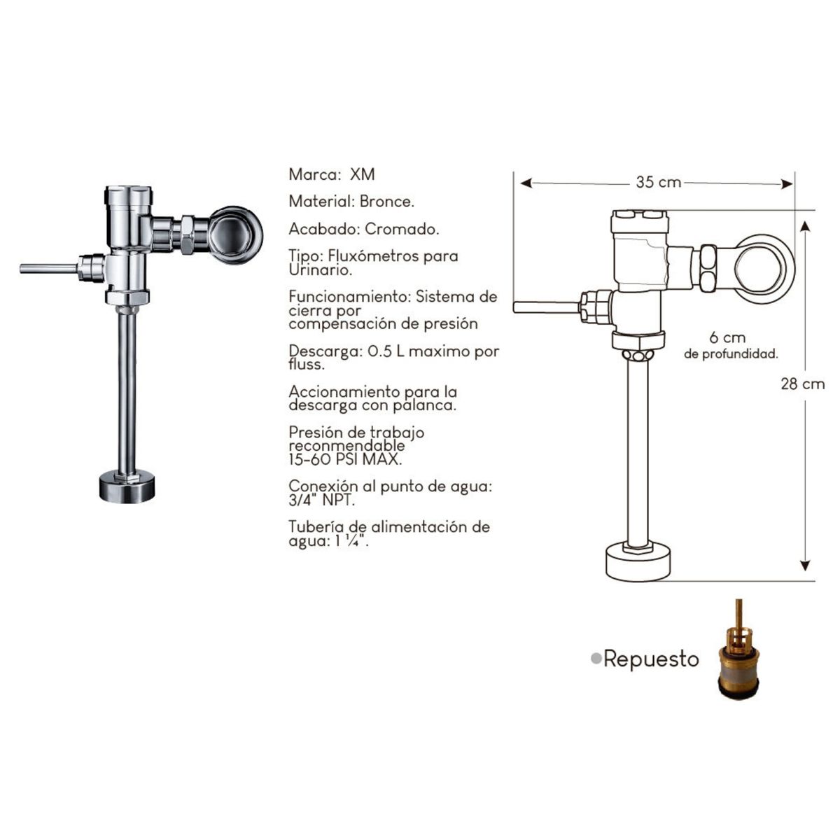 GENERICO - FLUXÓMETRO PARA URINARIO BRONCE CROMADO